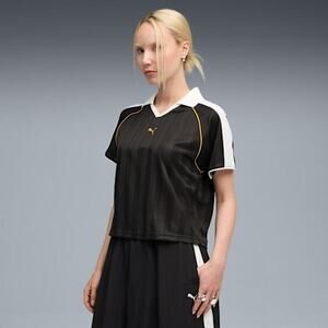 Puma T7 Football Polo Jersey Women's S Black Striped Relaxed Activewear Collared